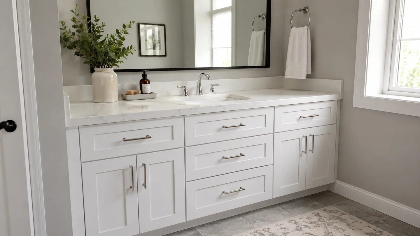 White shaker bathroom vanity with quartz top