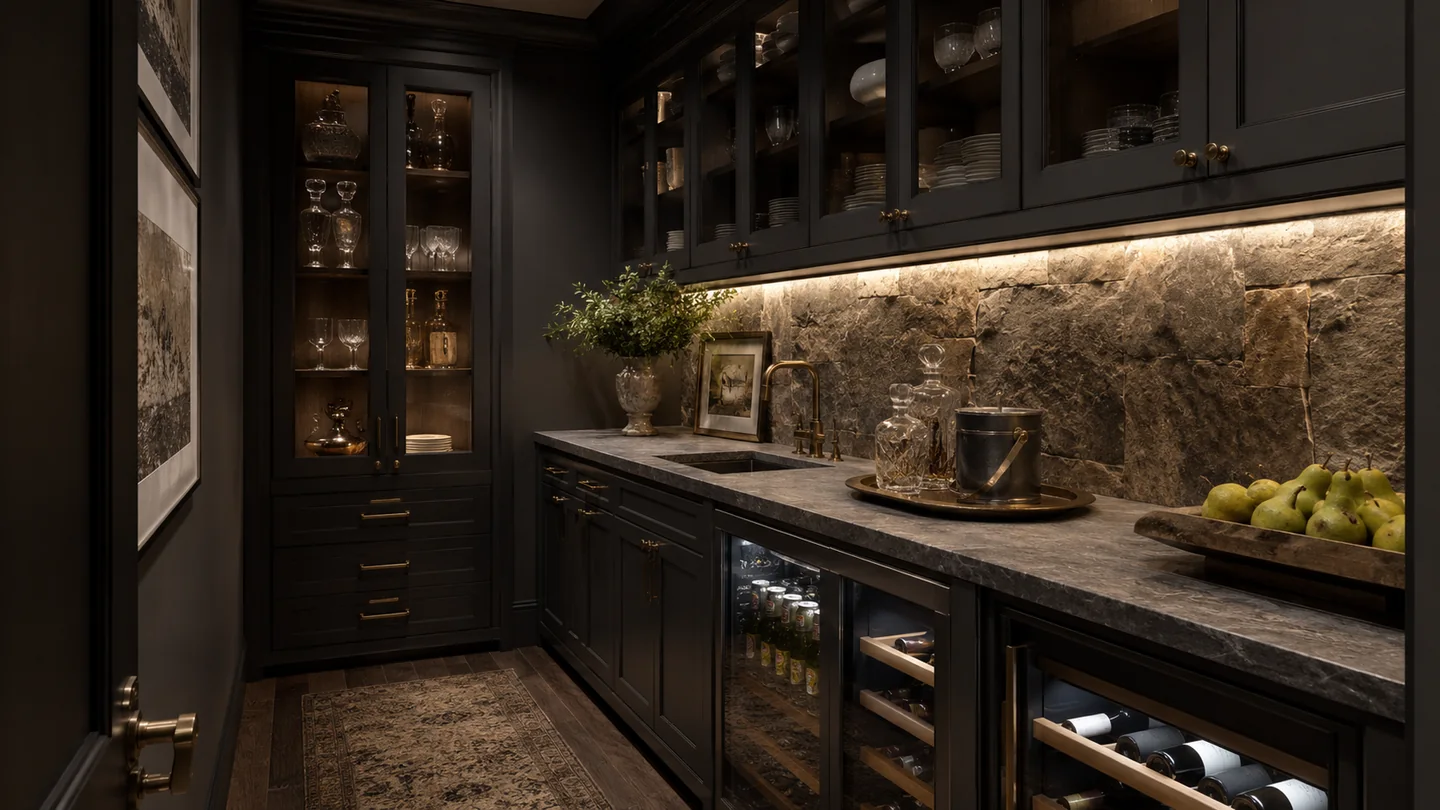 Dark butler pantry with beverage refrigeration and stone backsplash