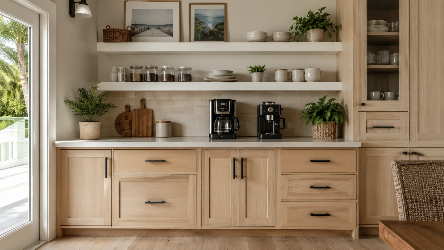 Light oak coffee bar with open shelving and coastal practical storage