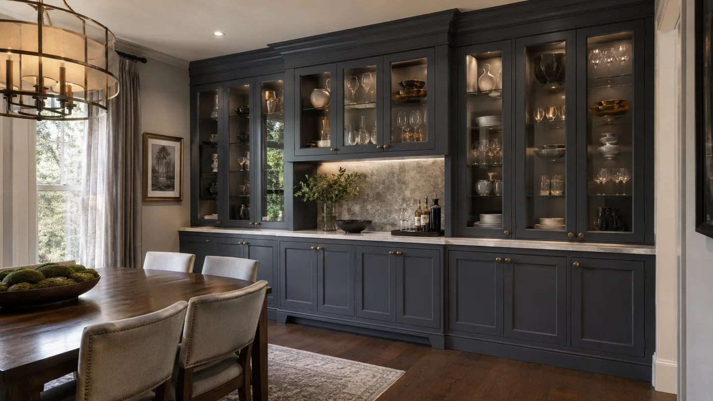 Charcoal dining room built-in with glass display cabinetry