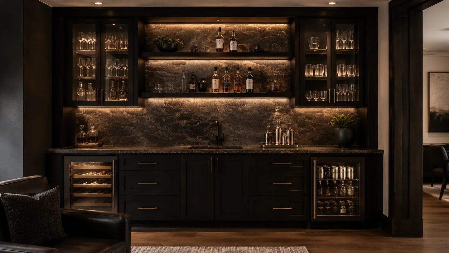 Dark home bar with stone backsplash, cabinet lighting, and beverage refrigeration