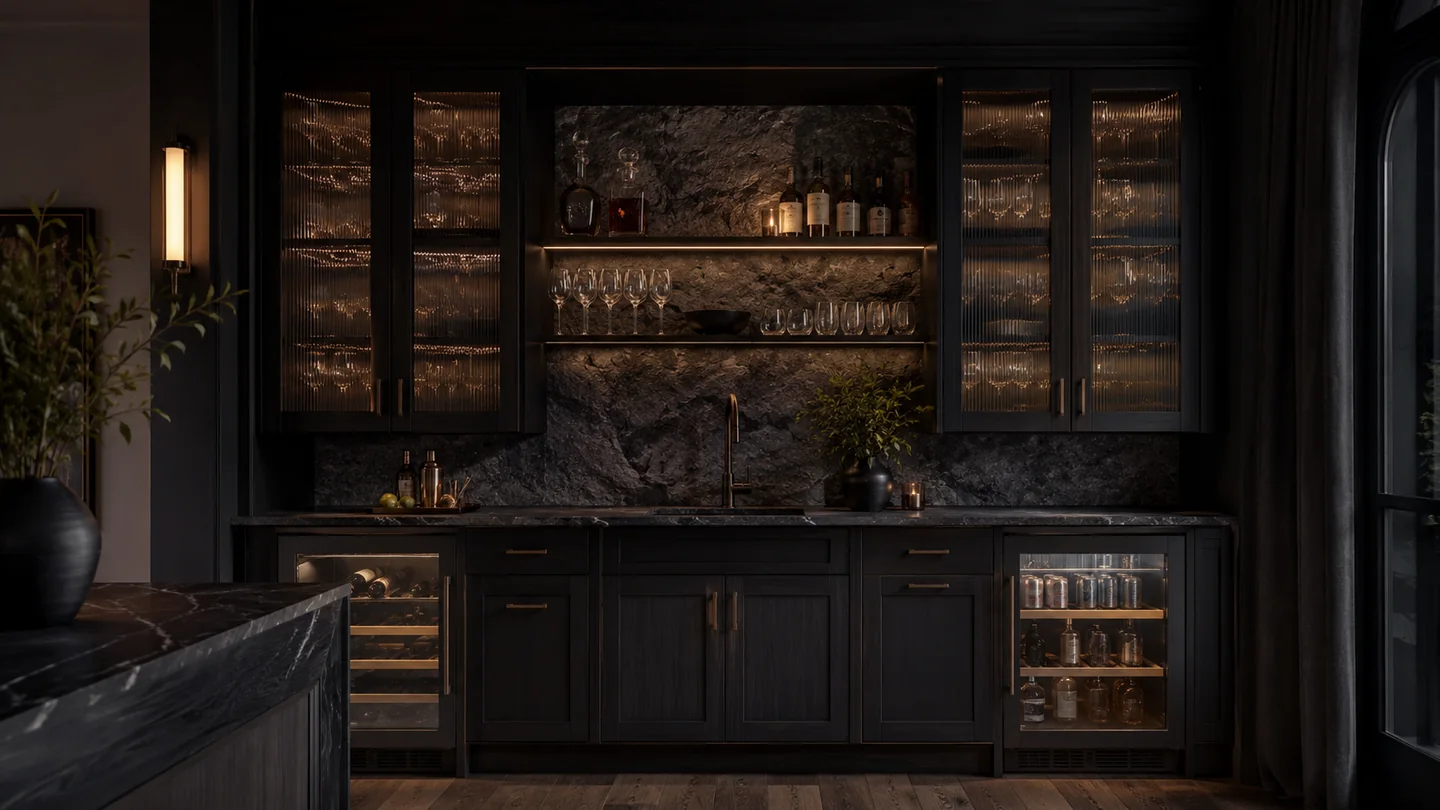 Moody black home bar with textured glass and beverage refrigeration