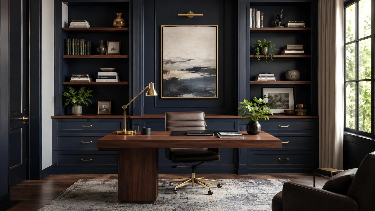 Navy home office built-in with walnut desk, shelving, and brass task lighting