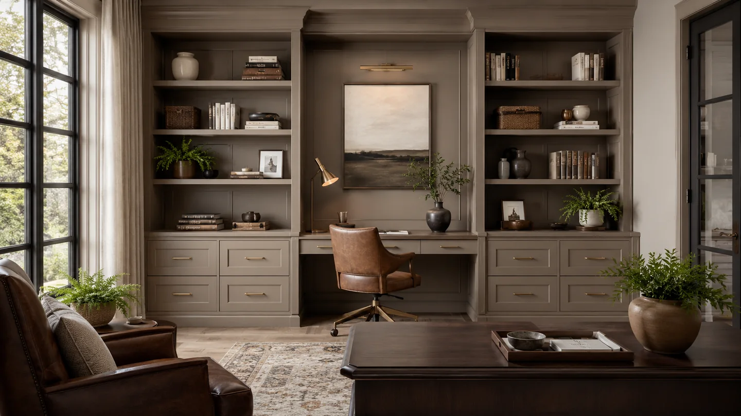 Taupe home office built-in with desk, shelves, and closed storage
