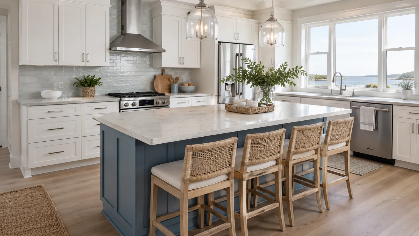 Coastal white kitchen with blue island and wide window view
