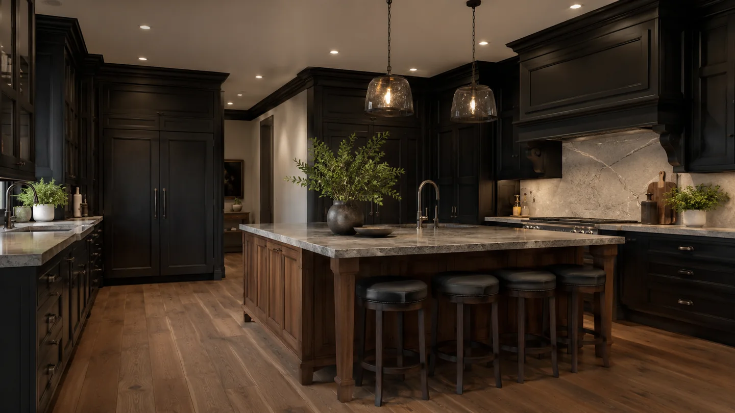 Dark dramatic inset kitchen with large island and stone details