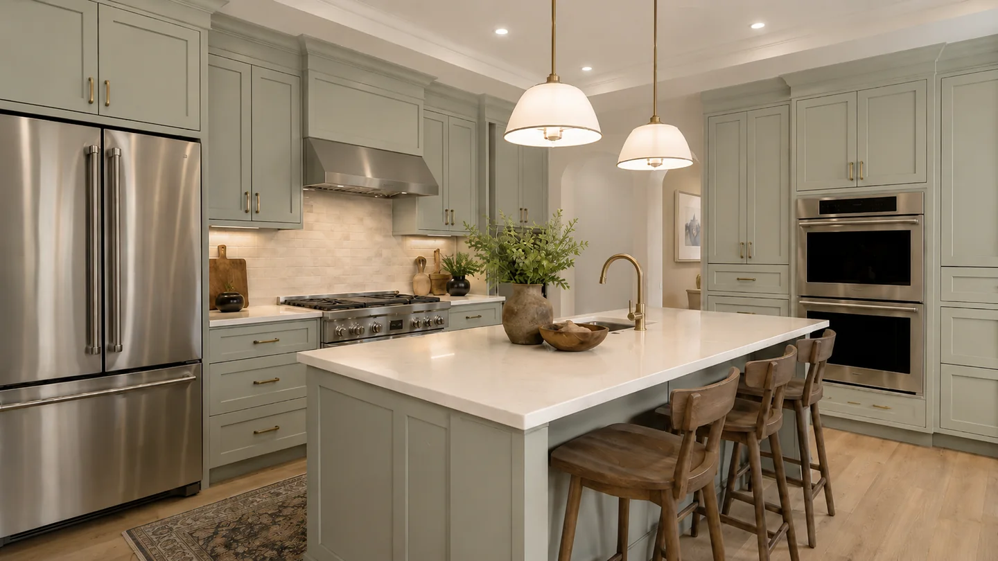 Sage green kitchen with tall cabinetry, island seating, and integrated appliances