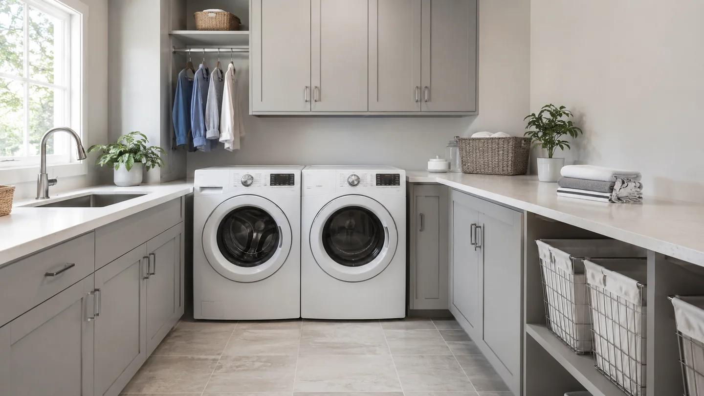 Gray laundry room cabinetry with folding counters and storage