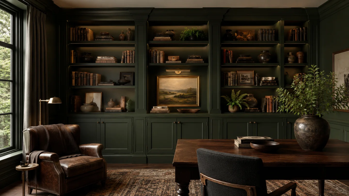 Dark green library built-in with shelves and storage