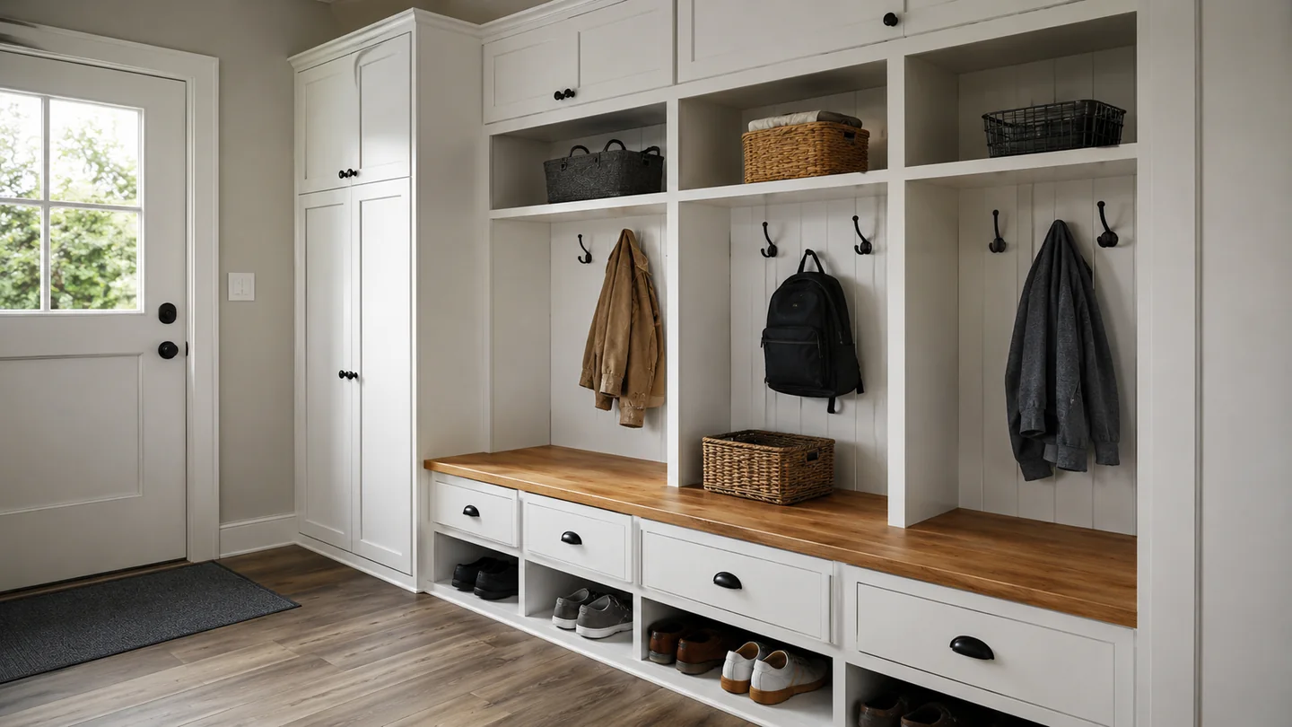 White mudroom bench with closed storage, hooks, cubbies, and shoe zones