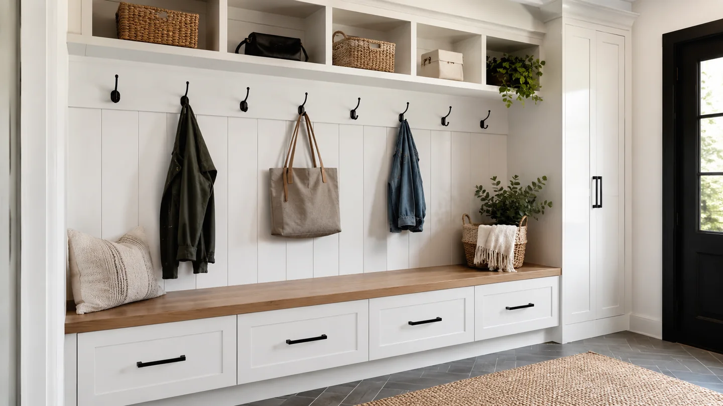 White mudroom bench with hooks, cubbies, and closed storage