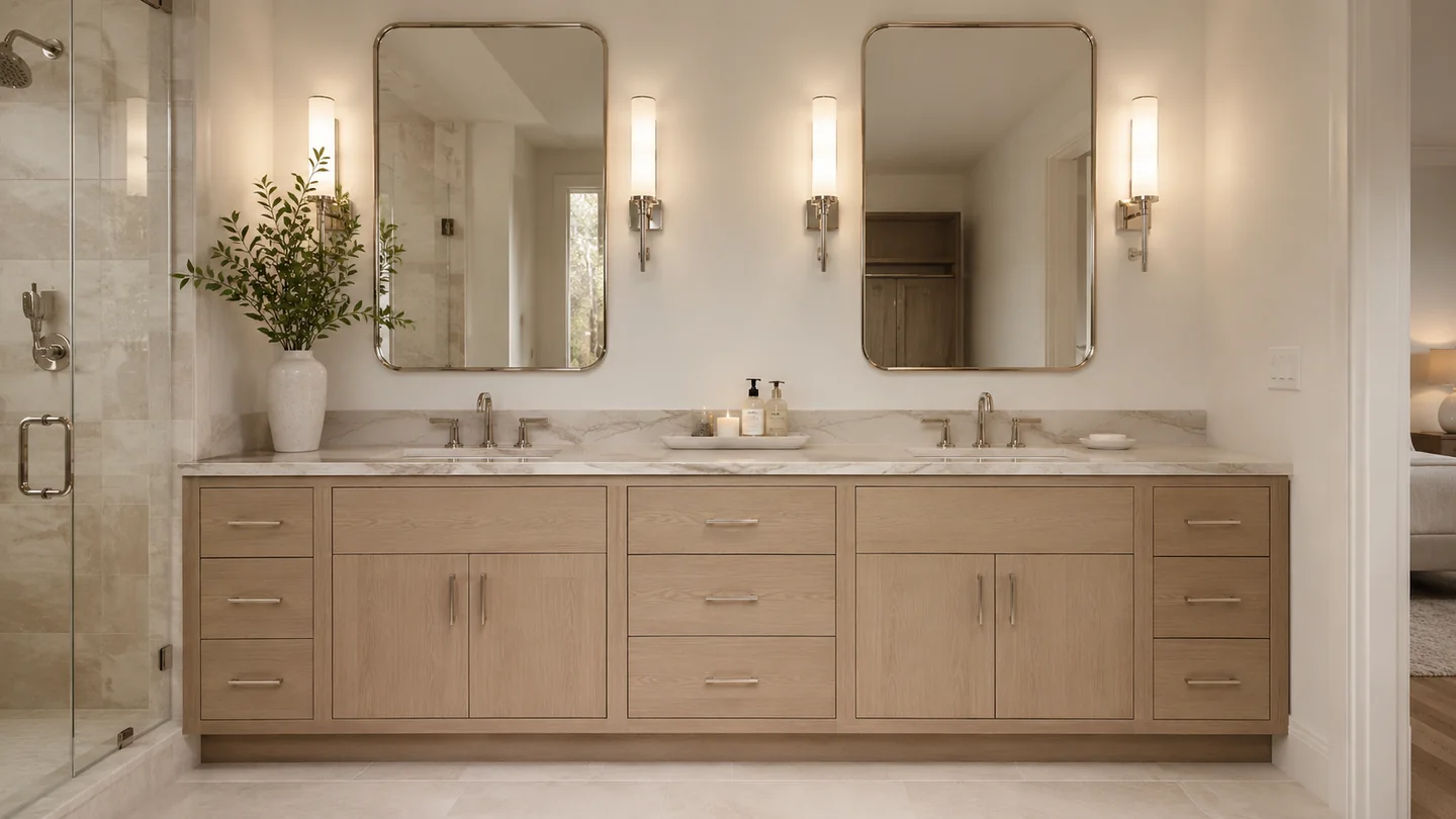 Light oak primary bath vanity with double mirrors
