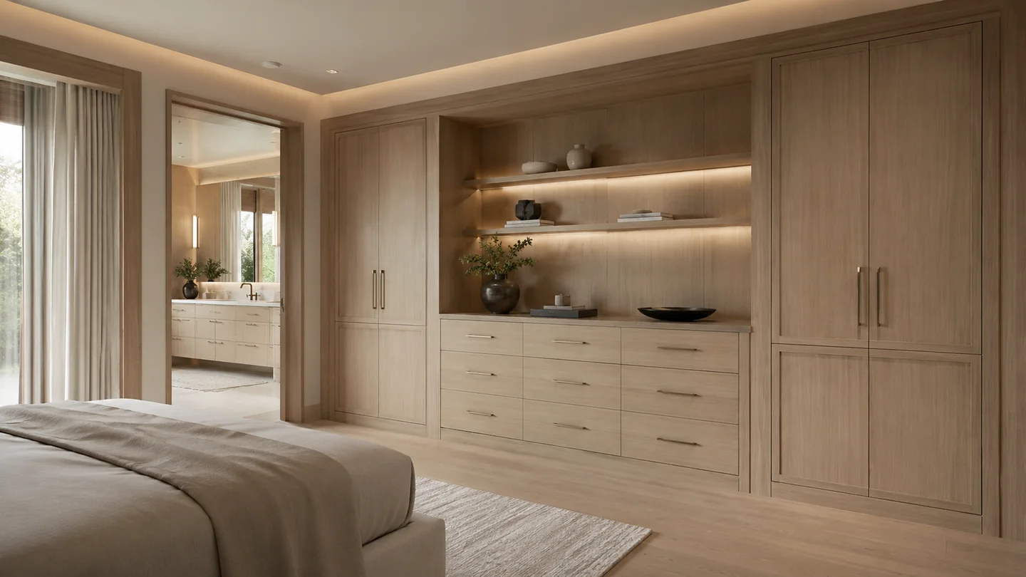 Primary bedroom built-in cabinetry with light oak storage wall