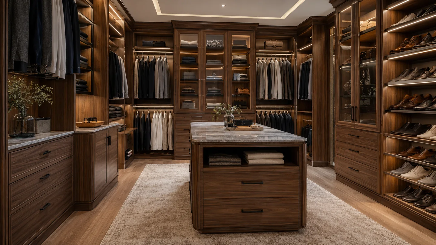 Luxury walnut primary closet with island and illuminated storage