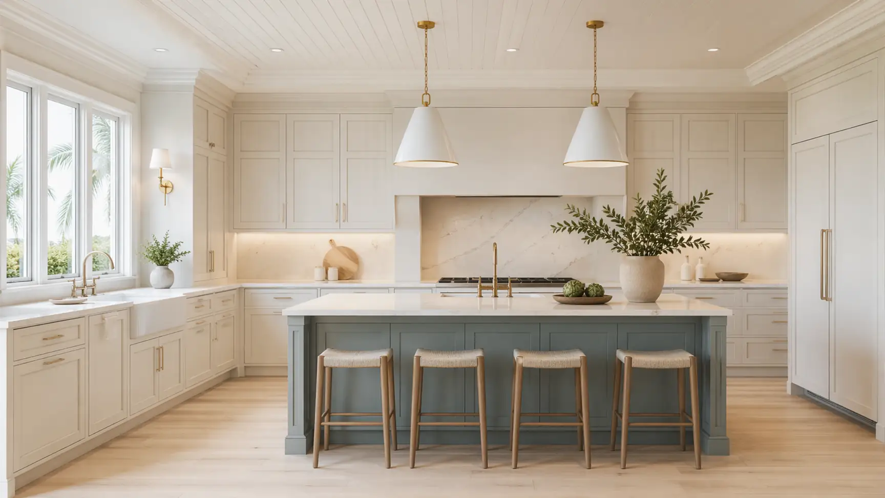Coastal cabinetry planning with balanced kitchen storage, island detail, and refined finish direction
