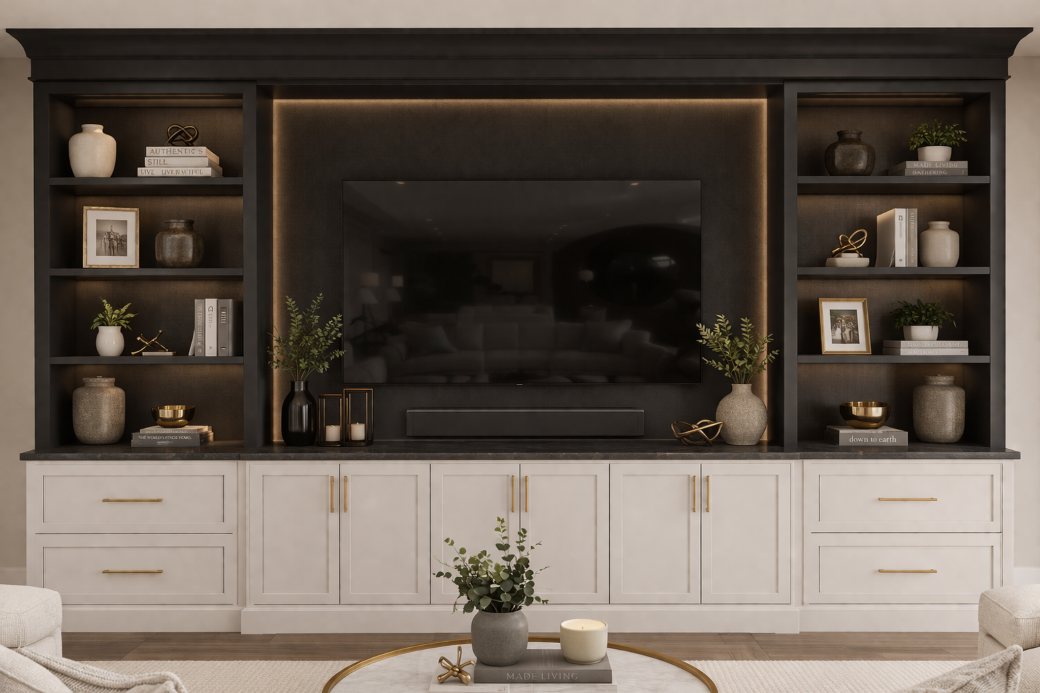 Built-in entertainment wall with layered millwork, dark shelving, and warm lighting.