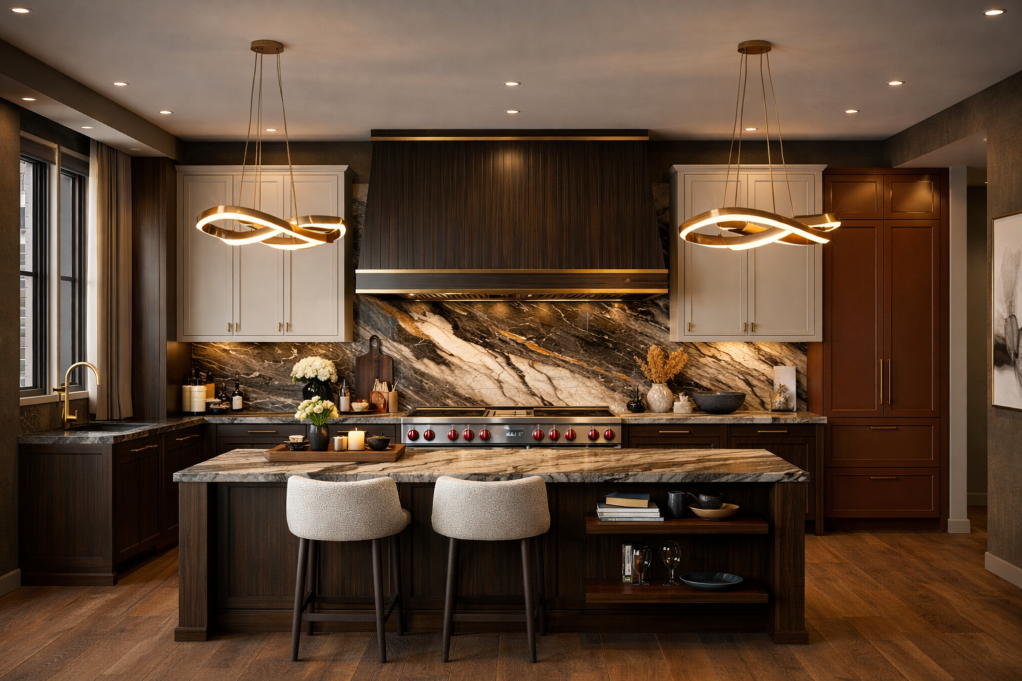 Moody luxury kitchen with dramatic stone and rich wood tones.