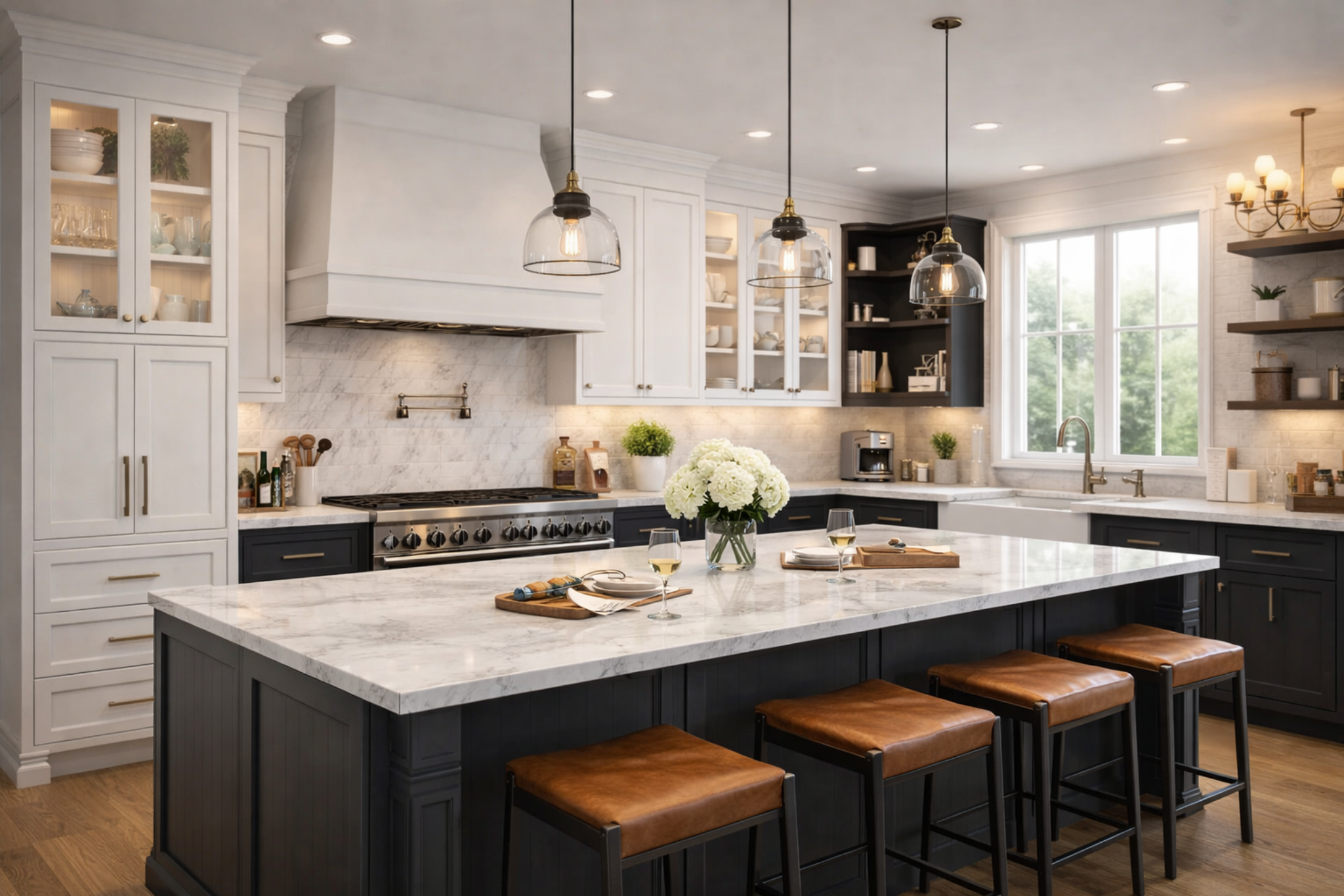 White and navy kitchen with marble surfaces and open shelving.
