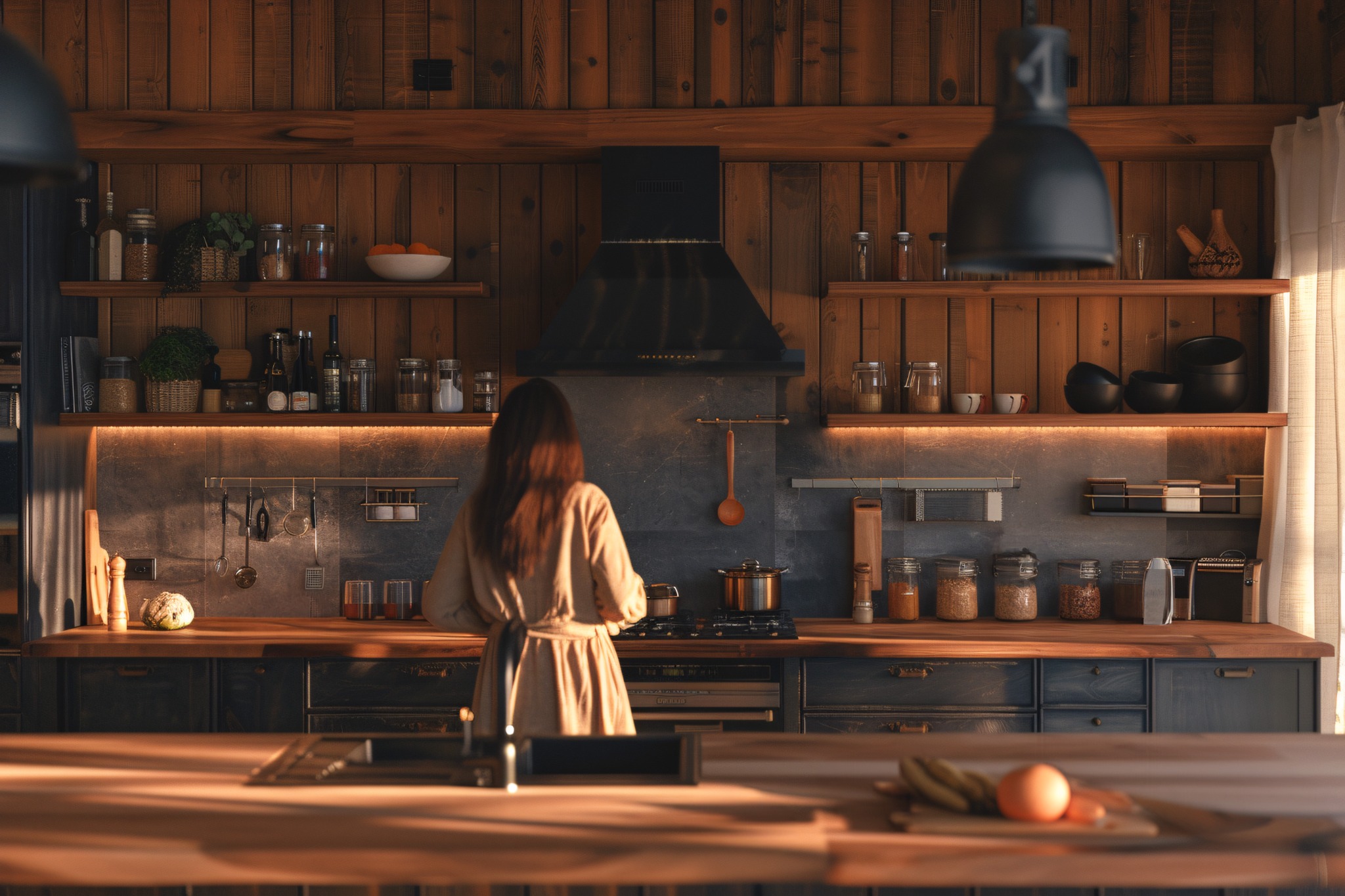 Warm modern kitchen opening to the landscape.