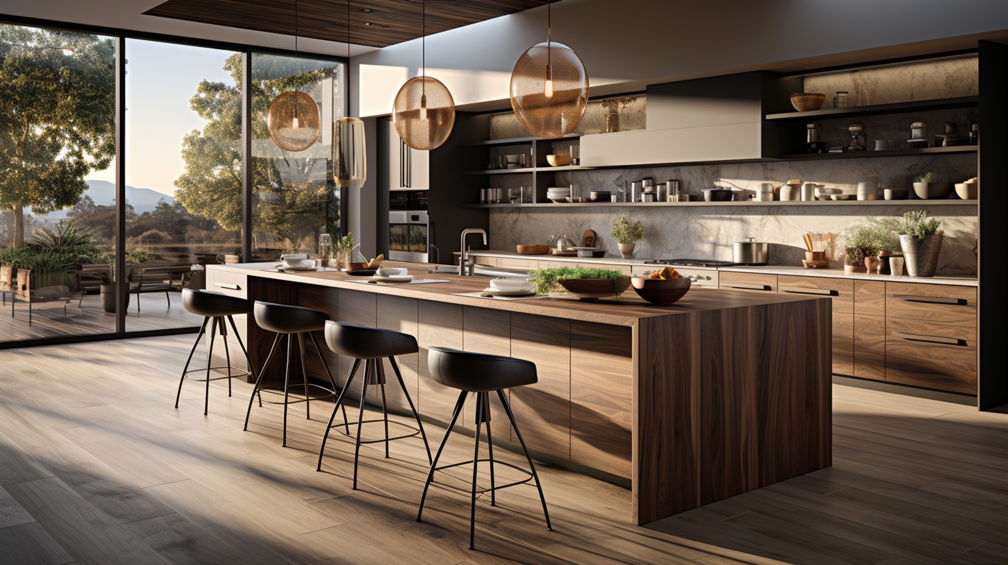 Modern kitchen with sculptural pendants and layered warm finishes.