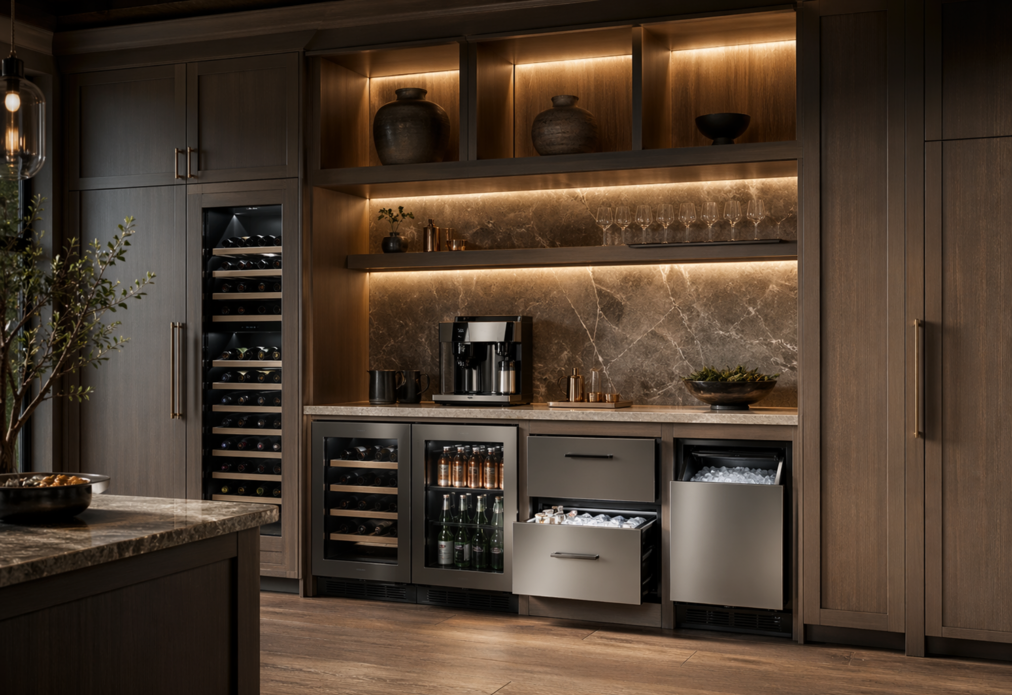 Integrated beverage, coffee, wine, and ice appliance zone
