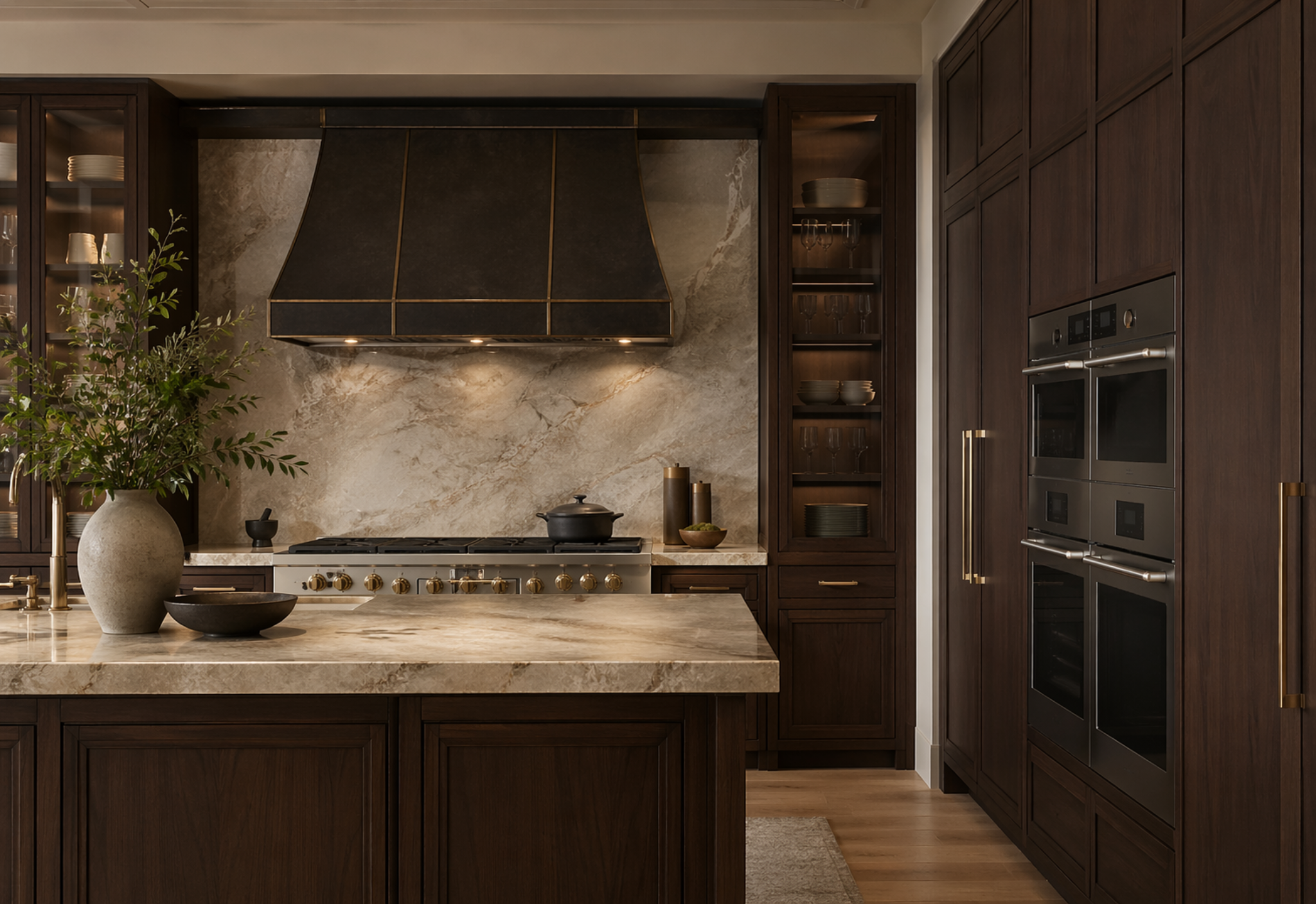 Luxury cooking wall with range, ovens, and integrated cabinetry
