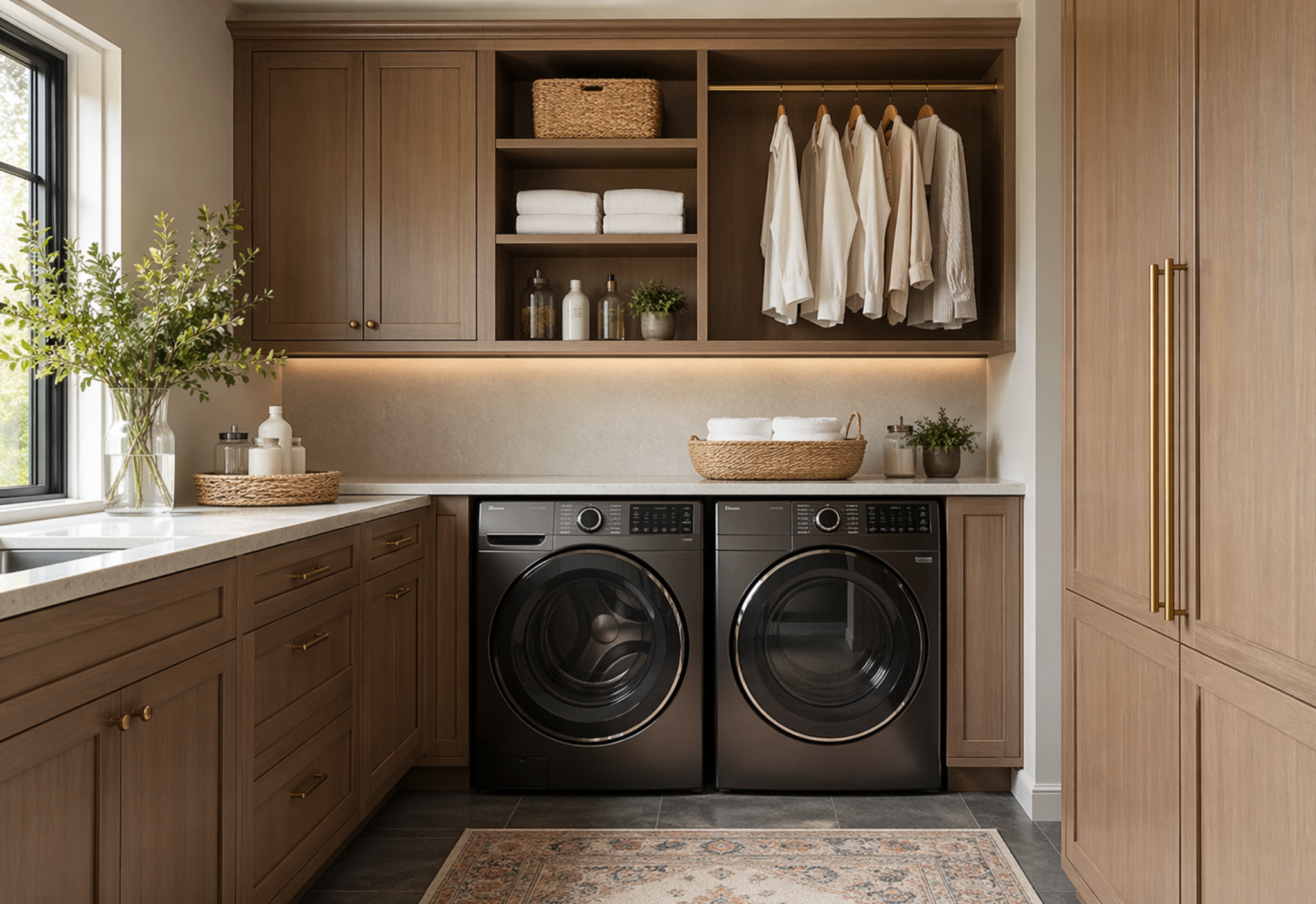 Laundry appliances integrated into cabinetry and utility storage
