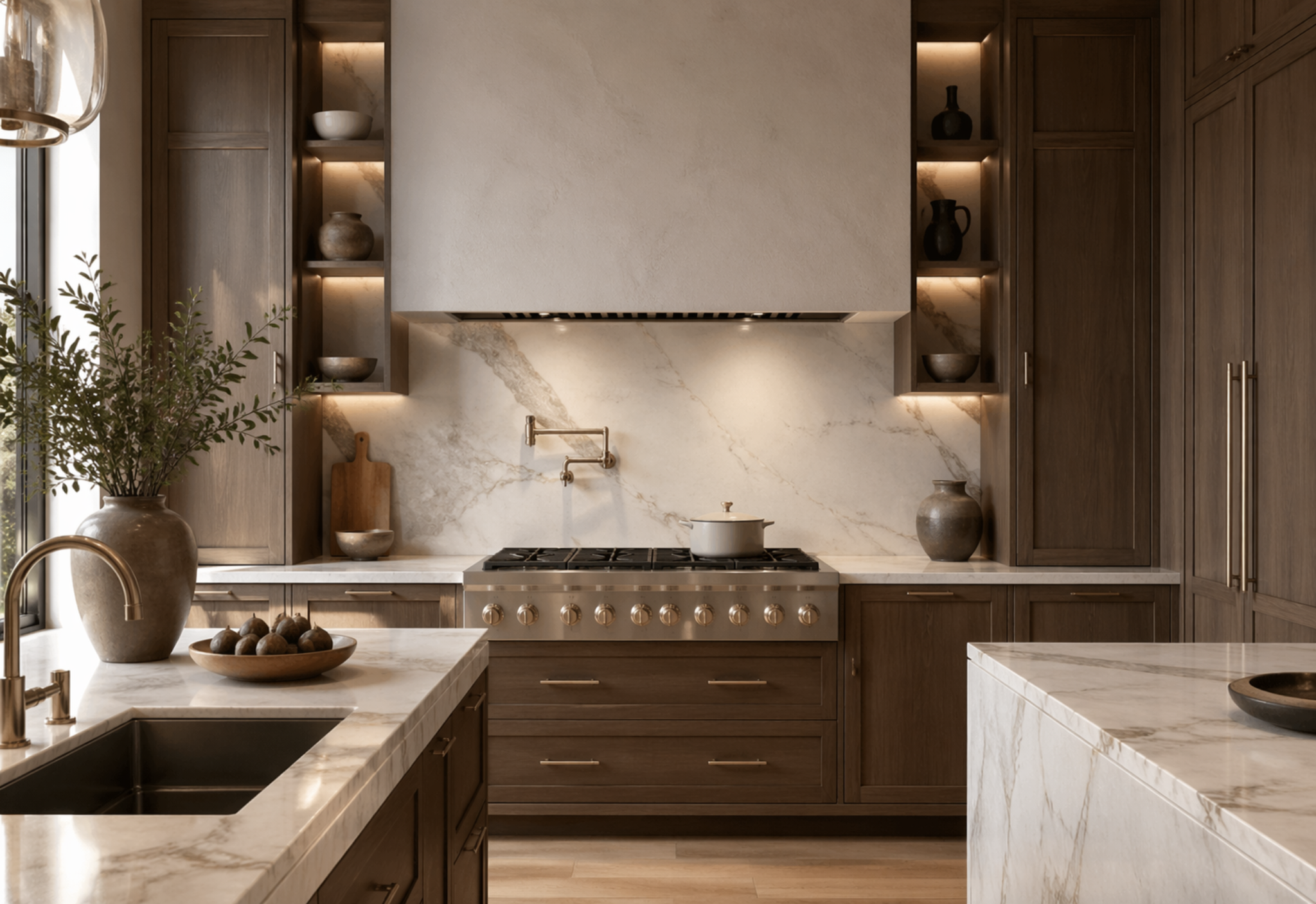 Custom hood and ventilation integrated with cabinetry and stone