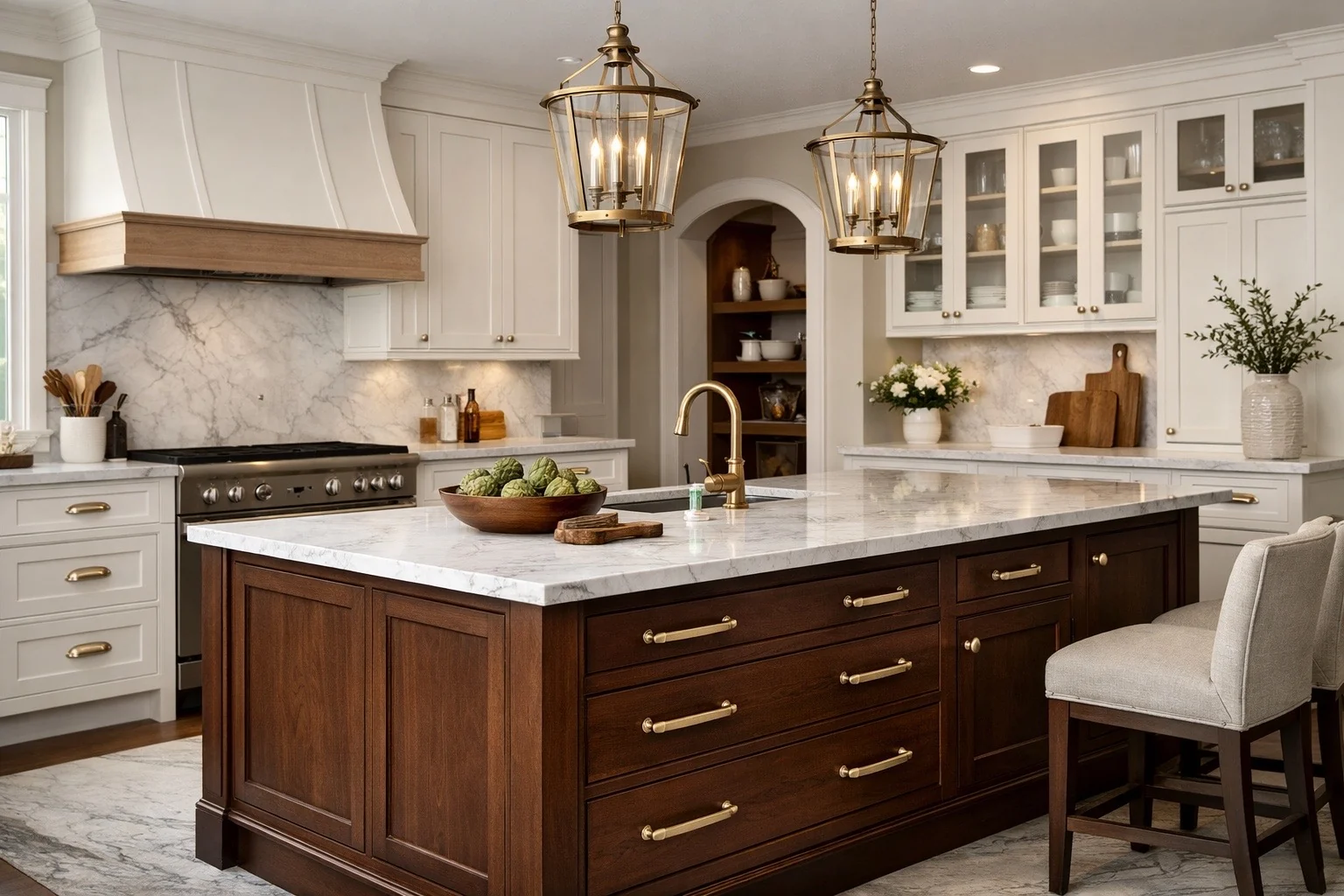 Decorative cabinet knobs and pulls on finished cabinetry