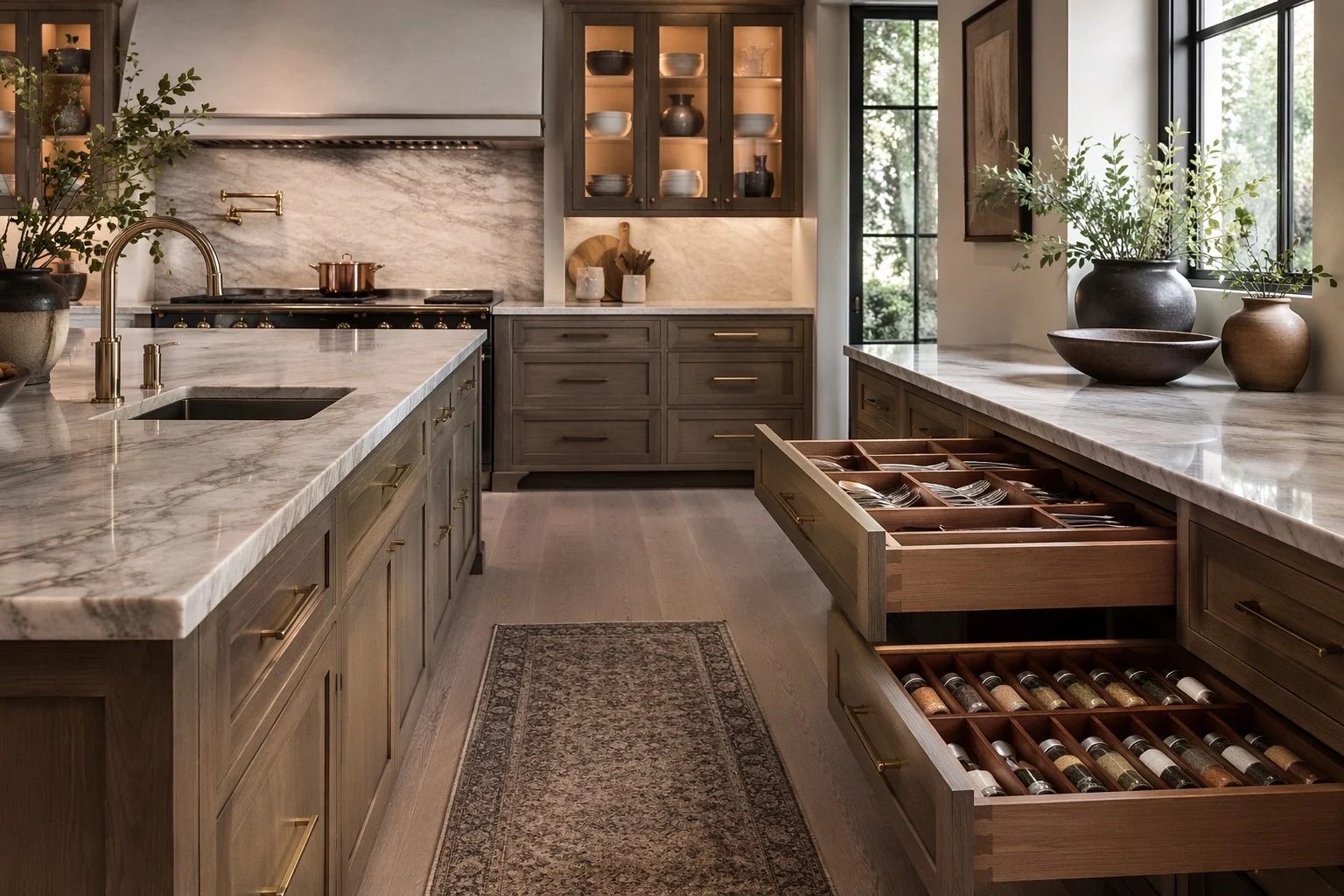 Organized kitchen drawer with custom inserts