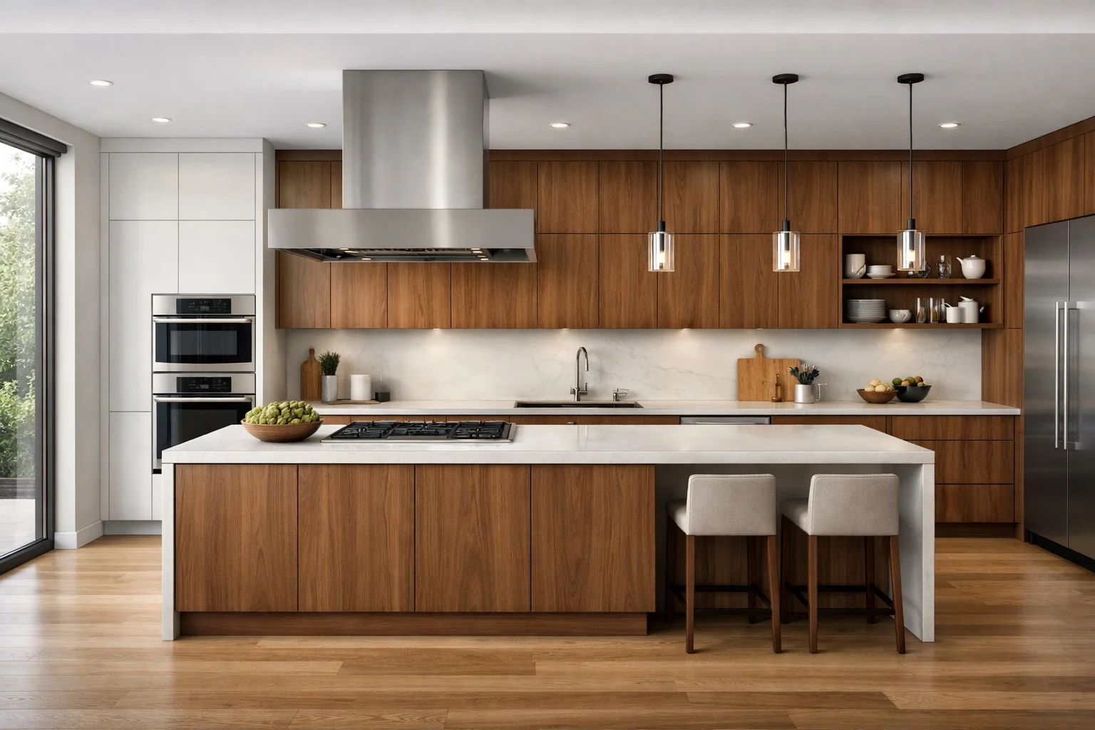 Frameless cabinetry with clean full-access cabinet fronts