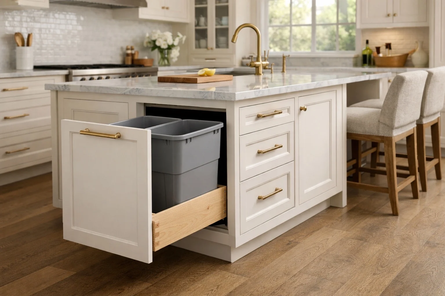 Functional cabinet hardware including drawer movement and concealed access systems