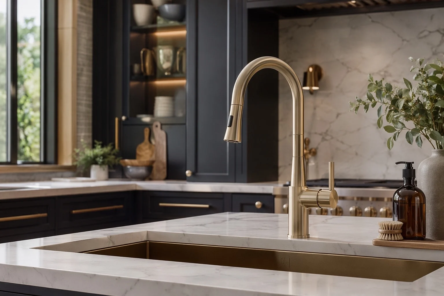 Kitchen faucet with sink and countertop