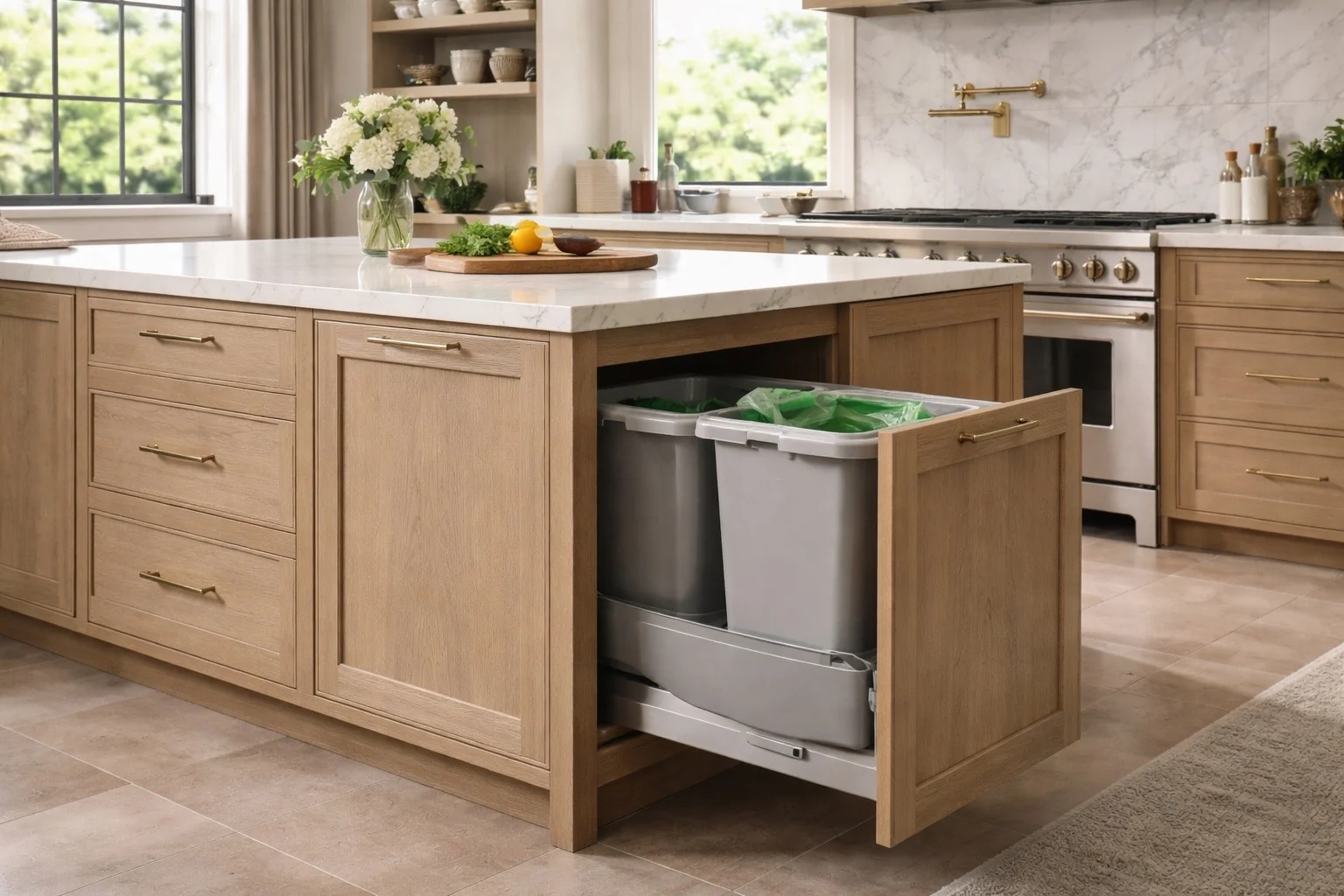 Integrated pull-out waste and recycling cabinet