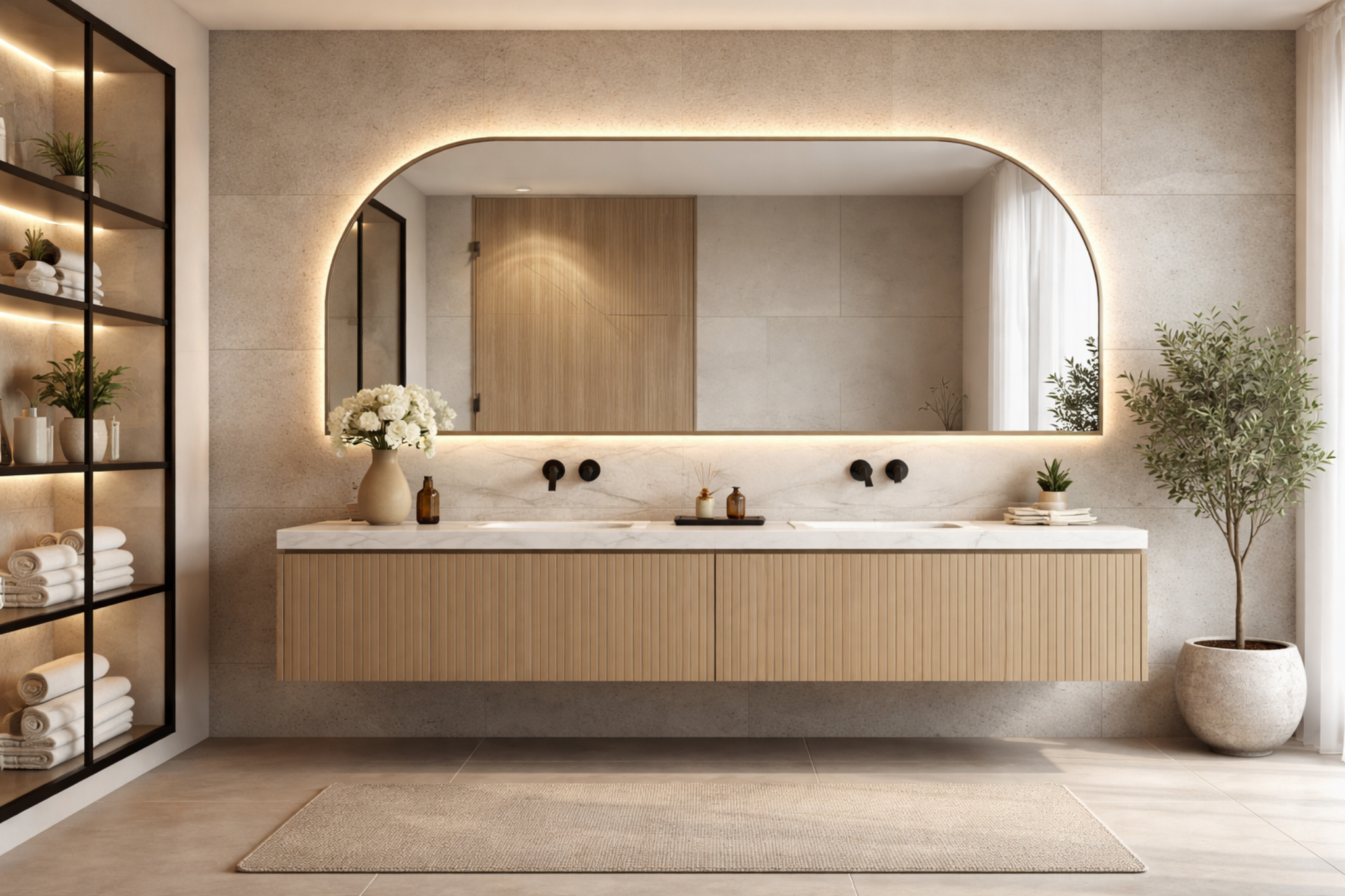 Refined powder bath with floating vanity and textured wall tile.