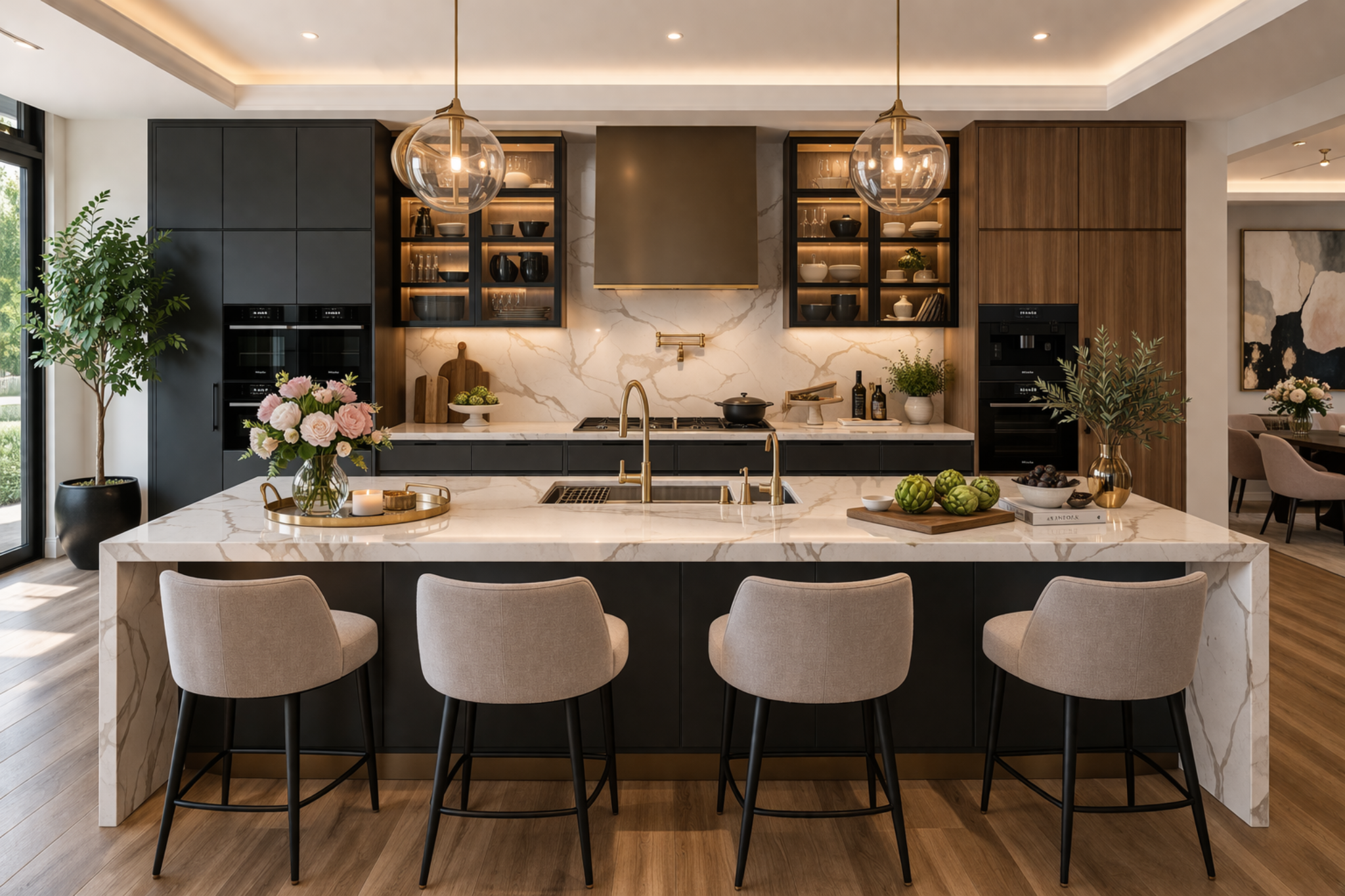 Luxury kitchen with warm stone, dark cabinetry, and glowing pendant lighting.